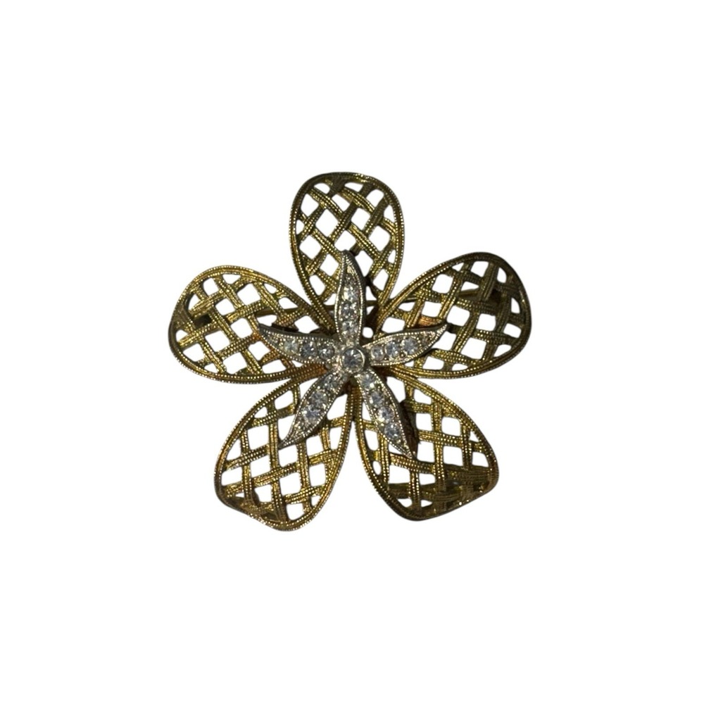 Vintage JJ Gold Tone Waffle Pattern Flower Rhinestone Accent Floral Brooch Pin